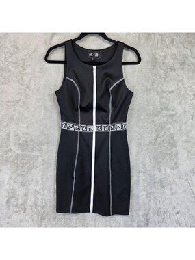 Eric + Lani Dress Womens S Black Geometric Scoop Neck Zip Front Bodycon Mini